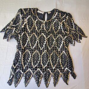 Vintage Laurence Kazar Women L 100% Silk Black Silver Beads Sequins Short Sleeve